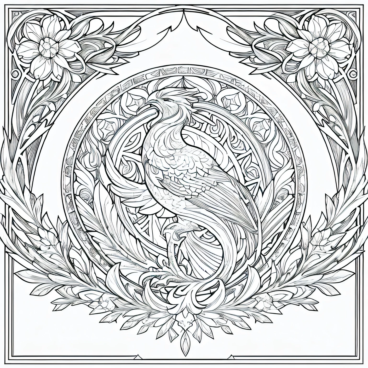 A phoenix rising from its ashes atop a crystal mountain peak, floral frame, decorative panel, abstract Art by Alphonse Mucha, sketch, character lines and scenes without colors and shadows. (Masterpiece, Best Quality, Highres:1.4), Detailed, Intricate Details, 4K, color splashes, line art, fibonacci,