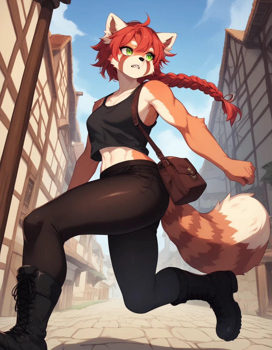 Solo, Score_9, score_8_up, score_7_up, kemono style, Kimiko, An Anthro furry red panda girl, red furry body, red panda tail, , black nose, red hair, braided hair, grinning with teeth, spear on back, tank top , rolled up sleeves,  form fitting black training tights, pants, satchel around hip leather, black combat boots, wooden fantasy town, daytime, outdoors, low angle shot, running, gimlet stare, focused, majestic, side view, emerald green eyes, looking to side with head, long legs, athletic toned arms and legs.