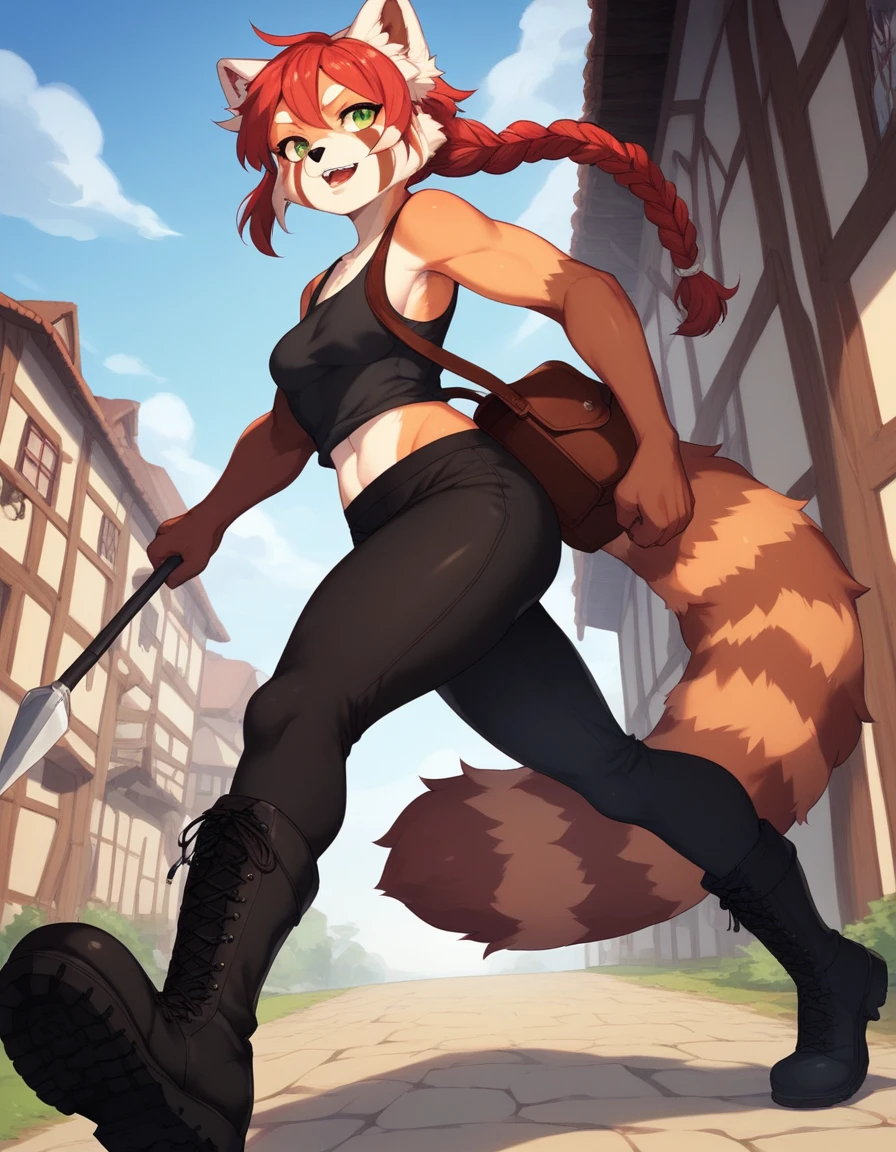 Solo, Score_9, score_8_up, score_7_up, kemono style, Kimiko, An Anthro furry red panda girl, red furry body, red panda tail, , black nose, red hair, braided hair, grinning with teeth, spear on back, tank top , rolled up sleeves,  form fitting black training tights, pants, satchel around hip leather, black combat boots, wooden fantasy town, daytime, outdoors, low angle shot, running, gimlet stare, focused, majestic, side view, emerald green eyes, looking to side with head, long legs, athletic toned arms and legs.