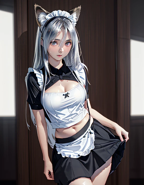 (8k, Realistic, RAW Photos, Highest quality: 1.3), (Fox Girl, Fox Ears, One Girl, Long Hair, Alone on the screen, dark skin, High definition, (boyish, Silver color very long hair), high resolution:1.6), とてもbeautiful, (Realistic Face), (maid apron, Black and white clothes, skirt:1.6), (Body measurements are 75-60-75!, Young girl body, Small breasts, skirt hold, slender, muscle:1.9), A brilliance that captivates the viewer, beautiful expression, beautiful breasts, (Realistic Skin), beautiful..., bent over