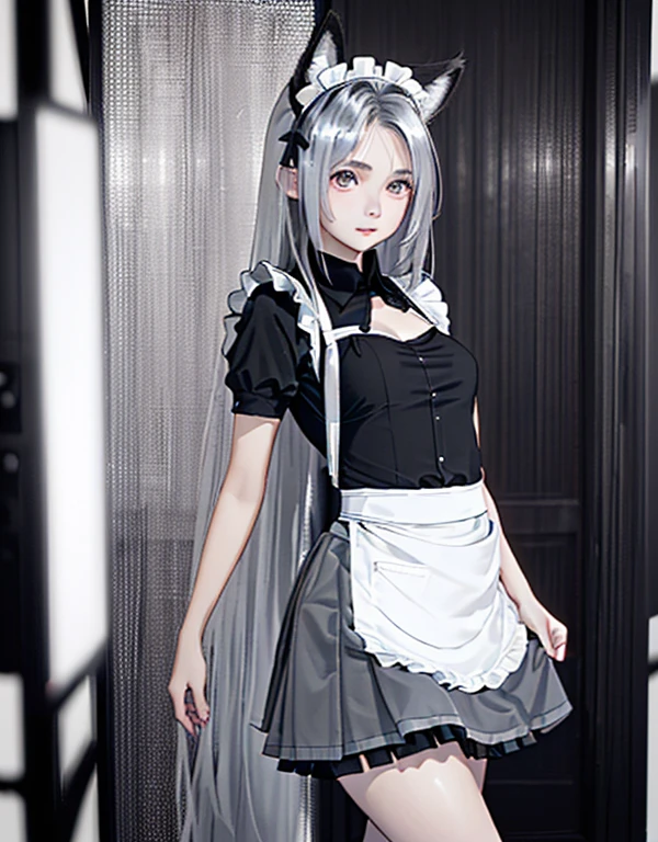 (8k, Realistic, RAW Photos, Highest quality: 1.3), (Fox Girl, Fox Ears, One Girl, Long Hair, Alone on the screen, dark skin, High definition, (boyish, Silver color very long hair), high resolution:1.4), とてもbeautiful, (Realistic Face), (maid apron, Black and white clothes, skirt:1.5), (Body measurements are 75-60-75!, Young girl body, Small breasts, skirt hold, slender:1.6), A brilliance that captivates the viewer, beautiful expression, beautiful breasts, (Realistic Skin), beautiful...