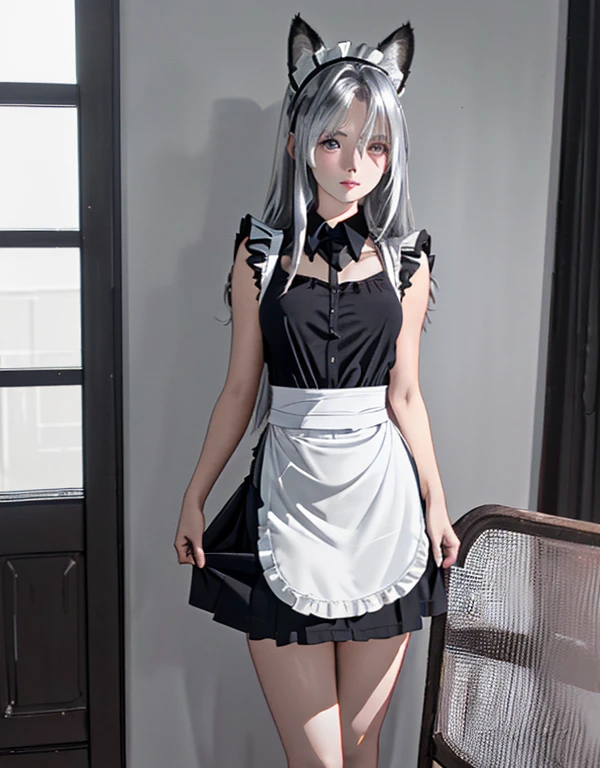 (8k, Realistic, RAW Photos, Highest quality: 1.3), (Fox Girl, Fox Ears, One Girl, Long Hair, Alone on the screen, dark skin, High definition, (boyish, Silver color very long hair), high resolution:1.4), とてもbeautiful, (Realistic Face), (maid apron, Black and white clothes, skirt:1.5), (Body measurements are 75-60-75!, Young girl body, Small breasts, skirt hold, slender:1.6), A brilliance that captivates the viewer, beautiful expression, beautiful breasts, (Realistic Skin), beautiful...