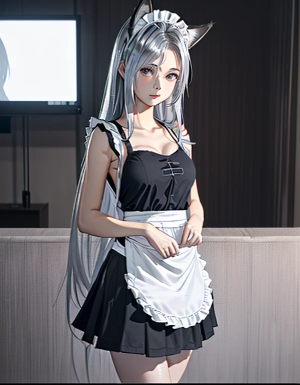 (8k, Realistic, RAW Photos, Highest quality: 1.3), (Fox Girl, Fox Ears, One Girl, Long Hair, Alone on the screen, dark skin, High definition, (boyish, Silver color very long hair), high resolution:1.4), とてもbeautiful, (Realistic Face), (maid apron, Black and white clothes, skirt:1.5), (Body measurements are 75-60-75!, Young girl body, Small breasts, skirt hold, slender:1.6), A brilliance that captivates the viewer, beautiful expression, beautiful breasts, (Realistic Skin), beautiful...