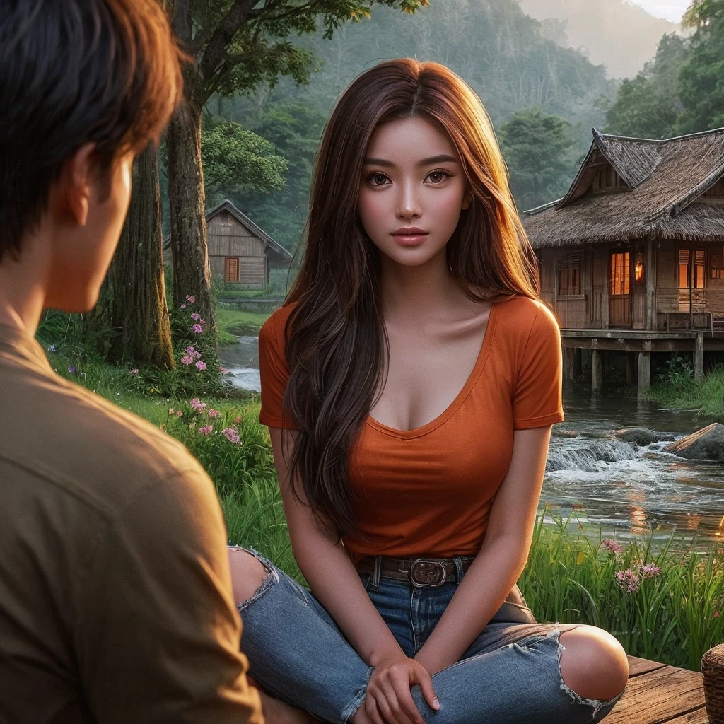 two individuals, a beautiful Indonesian woman aged 20 years, oval face, beautiful long hair. Realistic skin, ideal body. wearing an orange t-shirt. and ripped jeans. and a man is looking warm, Indonesian, 22 years old, realistic skin. wearing a shirt and jeans. sitting in front of a traditional wooden house on the edge of the forest, beside it a clear flowing river. Green grass and various flowers add to the comfortable twilight atmosphere.