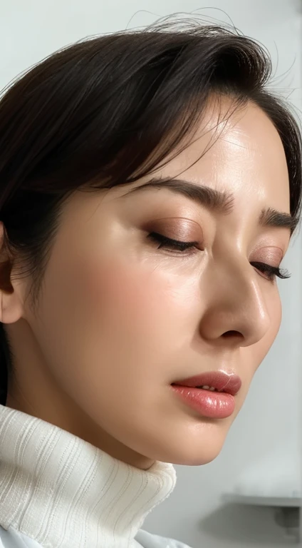 Beautiful Japanese actresses、1 Girl,Flying debris,,Award-winning photo, Very detailed,Face Focus, Big double eyes(Woman with open mouth and closed eyes ), 30 years old、Black Hair、Shiny skin、(((Face close-up)))、Realistic nostrils、Long and narrow nasal cavity,、In the toilet、(On the floor of a public toilet)、Squat、((White turtleneck sleeveless dress))、Big Breasts、(Sharp Nose)Frowning 表現:1.4,,Facial Expressions,Frowning,please raise your head、Skin shiny with sweat,Oily facial skin,Biting your lip,Tied Hair,Wearing a tank top,Put your nose closer to the camera,((Open your mouth wide to receive something))View your viewers, (((Damp philtrum))),(Face close-up),(Close-up of the nose)(((furrowed brow, raised eyebrows)))((Ahegao,Sticking out a long tongue))((best quality real texture skin,Skin with visible pores))