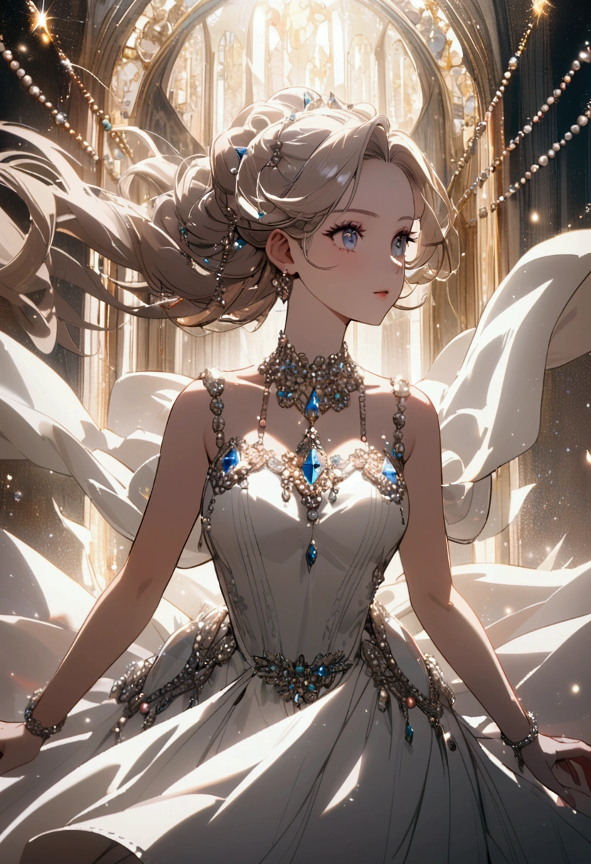 A princess wearing a white dress inspired by the jewel pearl Pearls on background Sparkling gorgeous