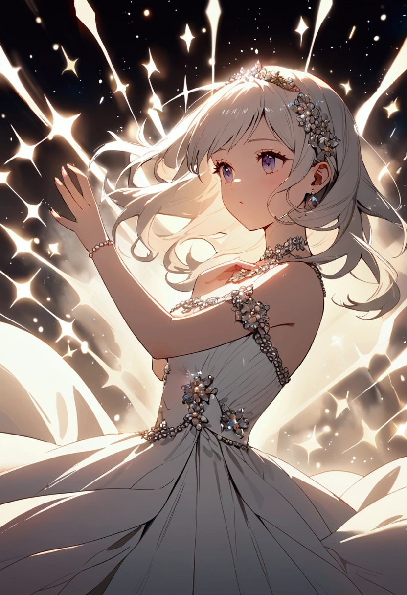 A princess wearing a white dress inspired by the jewel pearl　Pearls on background　Sparkling　gorgeous