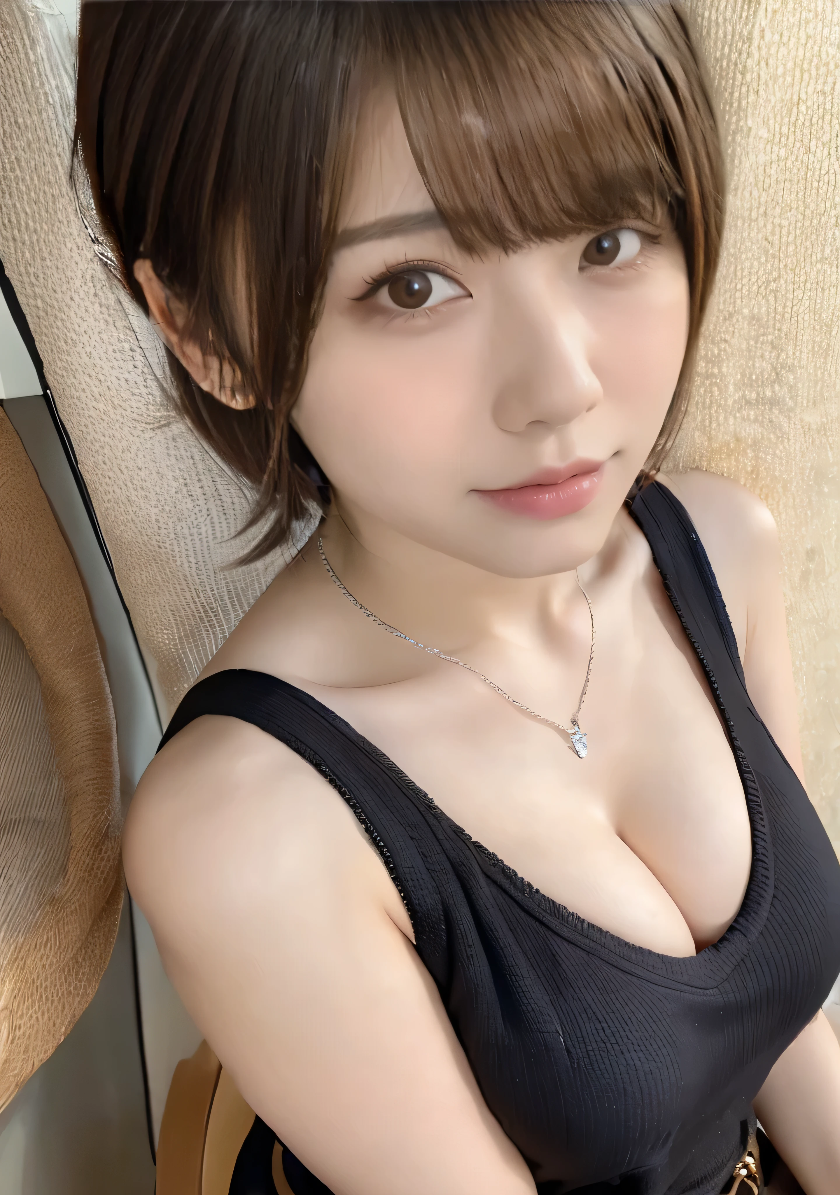 ((from front.Curved waist、Summer knitwear、Cute mini skirt、belt、Large Breasts:1.4.))、Medium Short Hair、Silver necklace and small silver earrings :1.4))、Full body photo、smile、 Caustics、Highly detailed photos、Very beautiful woman 、Ample breasts、No makeup、(8k、RAW Photos、Highest quality、masterpiece:1.2)、(Realistic、Realistic)、1 girl、((Brown Hair、Medium Short Hair、Blur the background、Looking into the camera:1.4))、