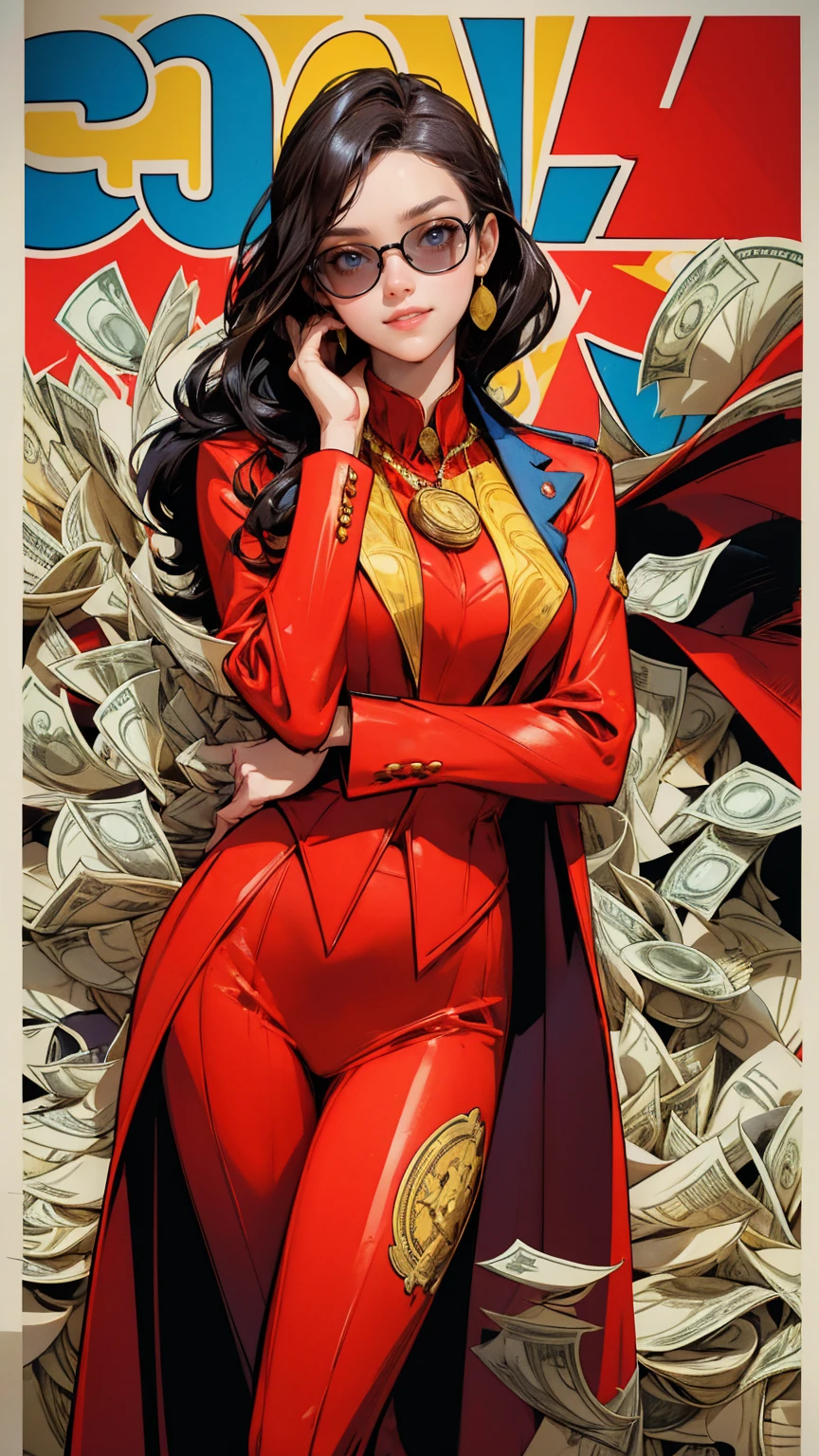 A detailed illustration of an extremely rich woman with yellow sunglasses and a red suit, smiling on her face, surrounded by lots of money in the background. she is holding her chin while thinking about something. The character should be depicted in a vibrant comic book style with bright colors and bold outlines. In front there are some coins and dollar bills. There will also be various other logos in the background to symbolize wealth and success. Make it look like a poster in the style of a comic book artist