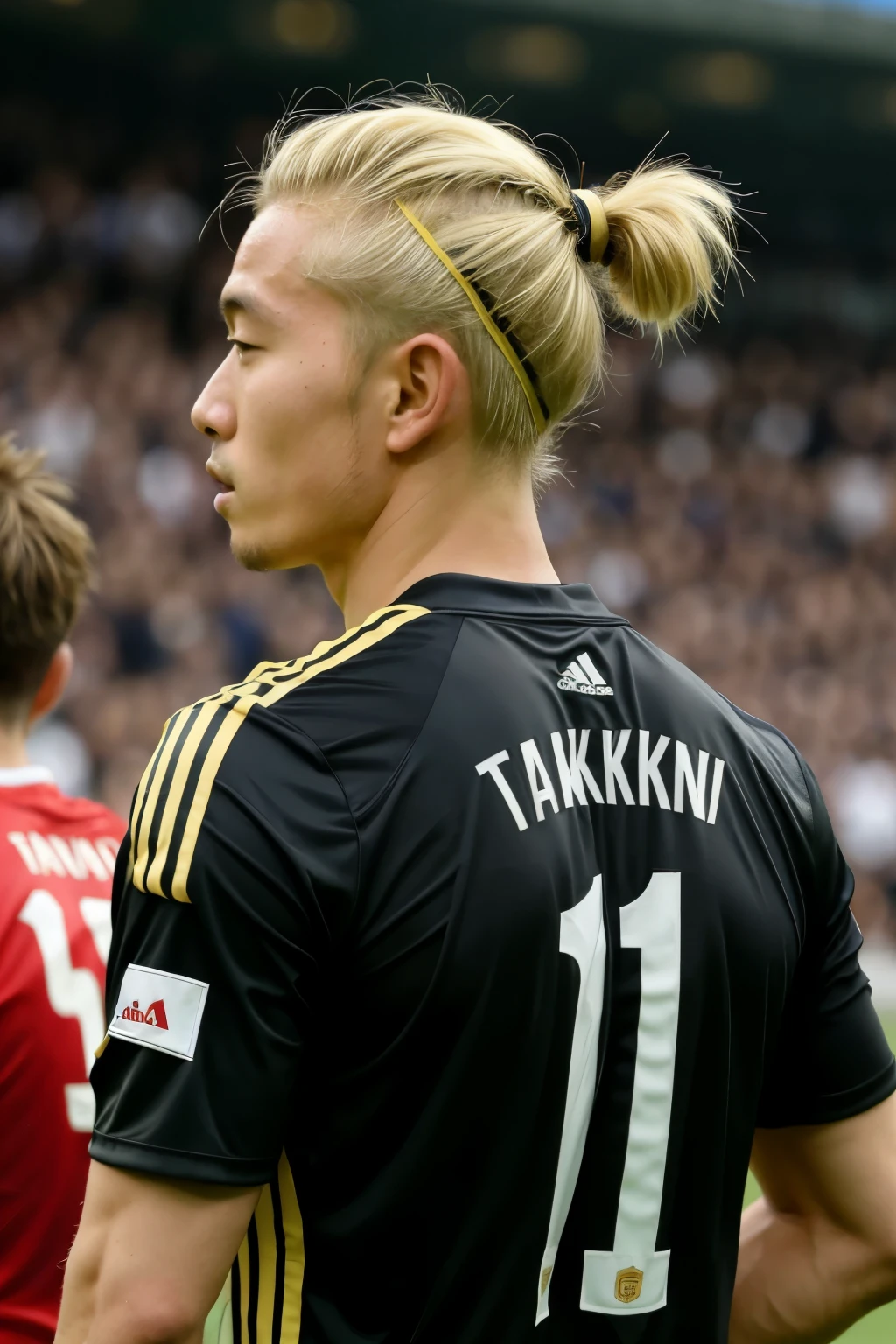 Japanese soccer forward, Yutaka Takashima, Number 10 on back, blonde hair, man bun hairstyle, black jersey, from the back, looking at full stadium