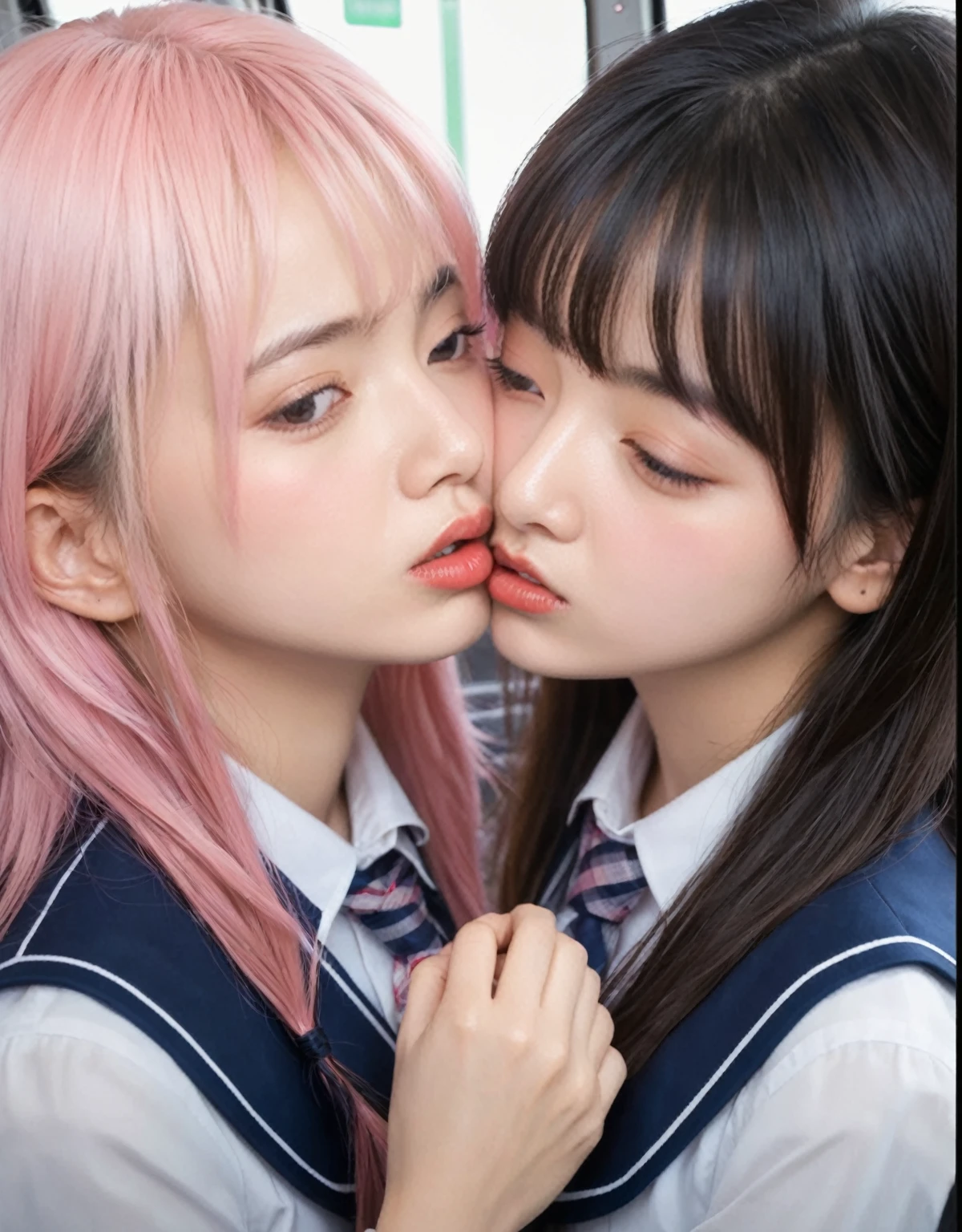 masterpiece best quality two schoolgirls angry kiss on crowded train hold hands