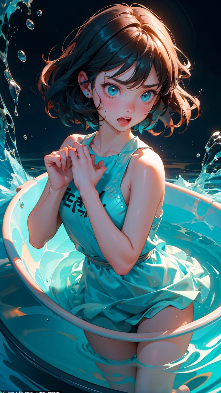 A cute girl with angry emotions with open mouth on face, girl stuck in blue water ice tub, He has thrown his hands up had stuck there. hands up for helping, The word "Stuck Transaction" show on the bottom, The word "Stuck Transaction" text on bottom of image