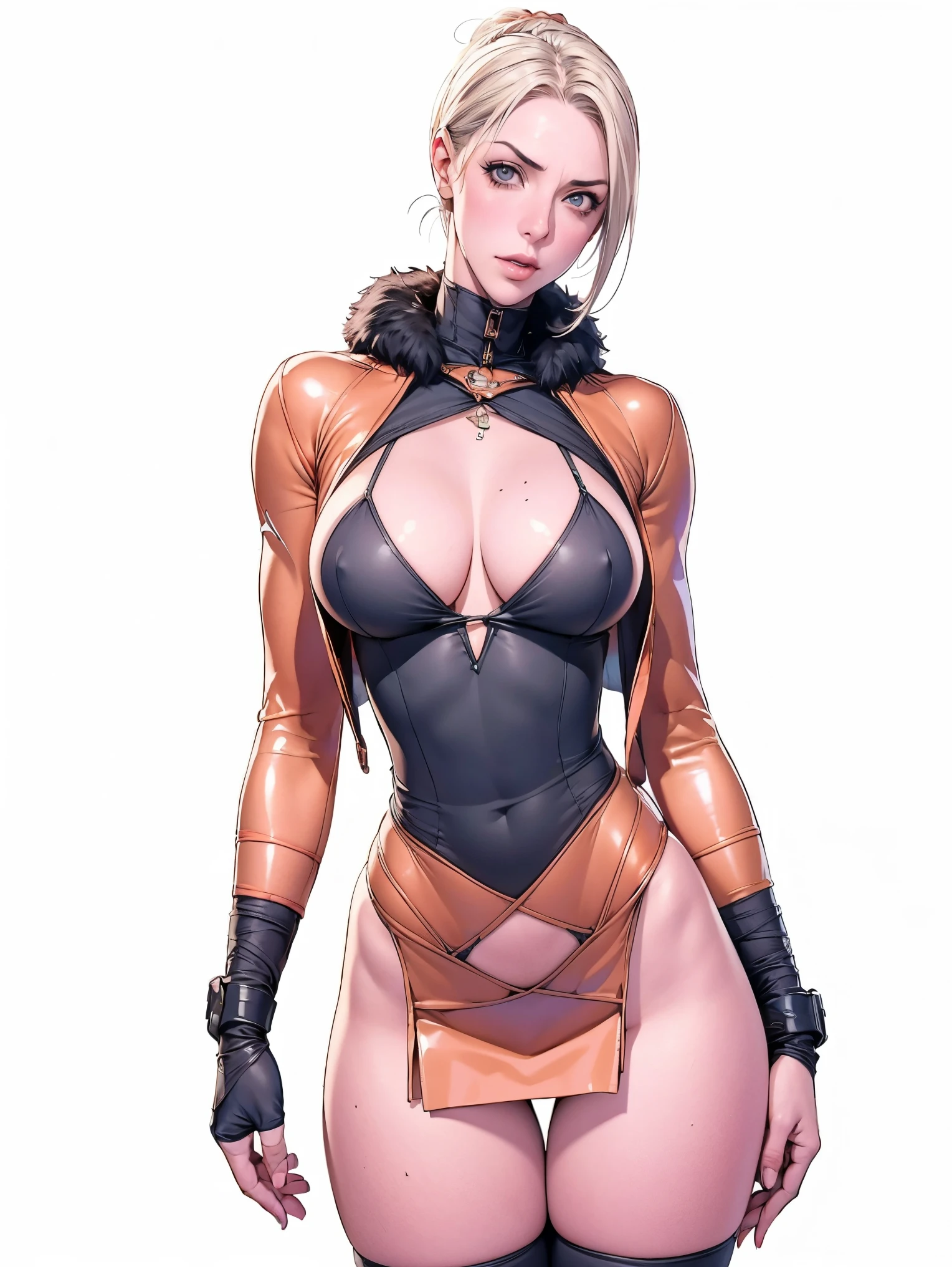 (((Annie Lennox))), (((copper color suit))), (scars), (((bandaged arms))), (((colorful clothes))) (( hood)), (((best qualityer: 1.4))), (Unbeatable masterpiece), (hiper HD),(CG 8k hyper-realistic), brave face, (((breasts big))), (((hyper feminine))), sexly girl, black tattoo,(ultra short red hair with white highlights)), ((( sculptural body ))), (((1 Kizi))), Kizi tatuada de 25 anos com perfectbody,,Beautiful and well-groomed face,muscular body:1.2,solid color detailed jacket, (Head to thigh photos), Complex equipment, copper,Tight clothes,With white stars and off-white stripes,,,,,Armor Metal Electronic Parts, Poison tattoos ) INFO, Kizi, (((standing alone))), pirralha violent, 24歳, sexy, pose de atitude, work of art, post-apocalypse, (((manga style))), bounty hunter, the way you want, perfect body, roupa moderna, advanced technology, Pleated mini skirt with checkered pattern in red and black, fur collar jacket, sleeves with vertical striped pattern, neutral background, (( cowboy shot )). intricate visual, narrow waist, (((wide hips))), wide hips, fit thighs, (thigh gap), background shows a futuristic airplane