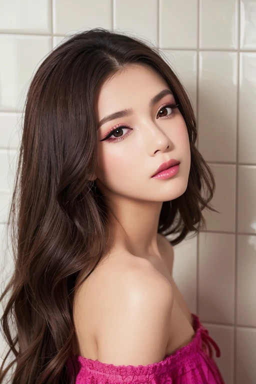 1girl, solo, long_hair, looking_at_viewer, brown_hair, black_hair, brown_eyes, bare_shoulders, closed_mouth, upper_body, one_eye_closed, looking_back, indoors, from_behind, lips, looking_to_the_side, eyelashes, makeup, lipstick, close-up, eyeshadow, pink_lips, nose, photo_(medium), red_lips, tiles, eyeliner, bathroom, real_life, mascara, tile_wall