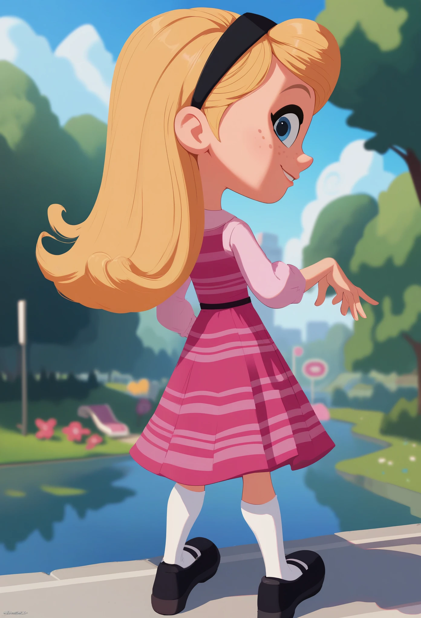 1girl, full body, solo, penny peterson, long hair, blue eyes, freckles, blonde hair, skirt, hairband, black hairband, white long tube socks, dress, pink dress, long sleeves, score_9,score_8_up,score_7_up,score_6_up,score_5_up, outside, ((central park)), river, looking at viewer, looking back rche, close up, butt, from behind, backside, smile, cute girl, cute smile, beautiful art, 4k, cute art,