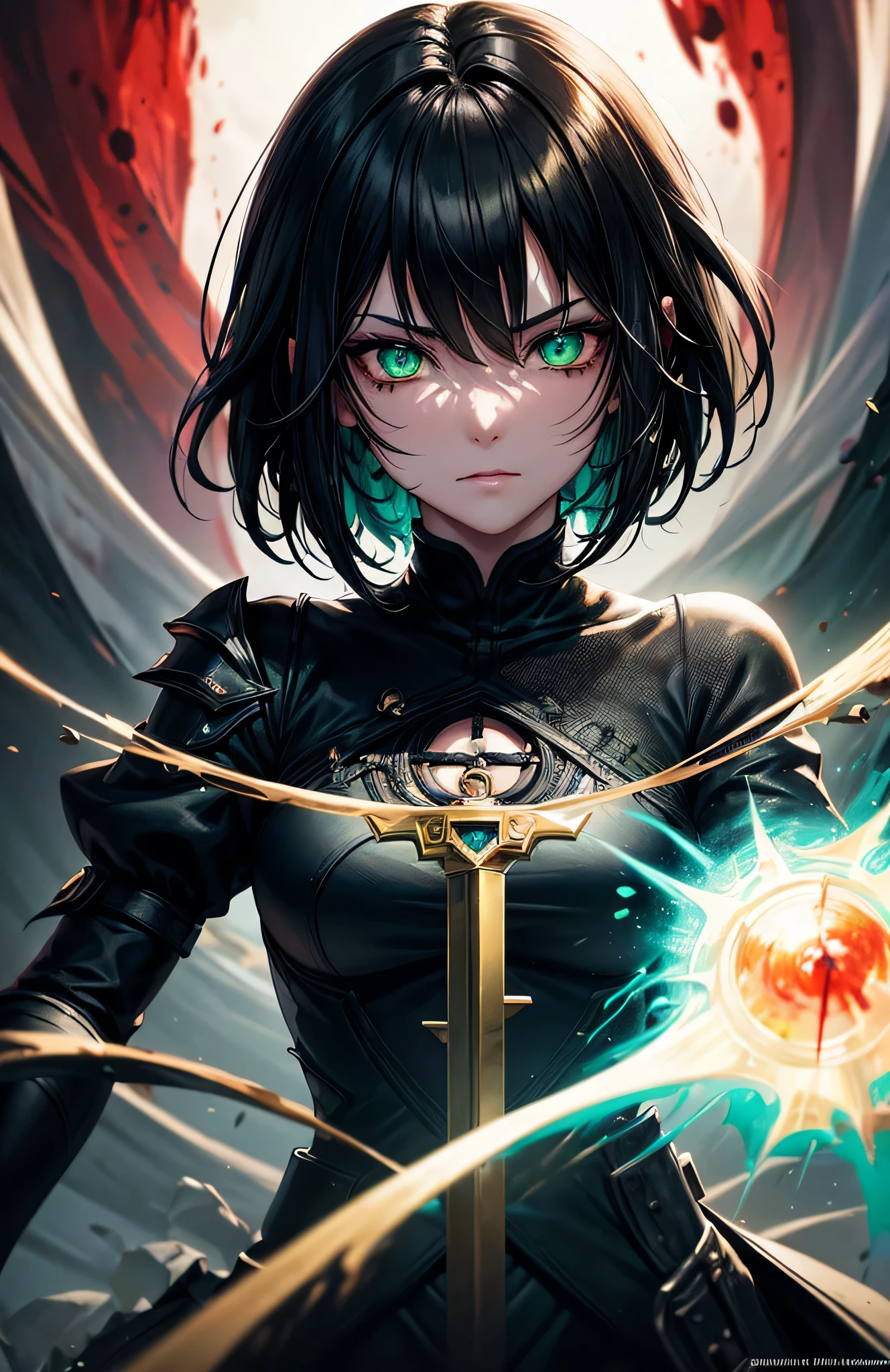 (masterpiece:1.2、highest quality), (Exquisite eyes: 1.2), (Detailed Background、Dark fantasy), (beauty detailed face), High Contrast, (Best lighting、Very delicate and beauty), ((Cinema Lighting) )), colorful, Hyper Detail, Dramatic Light, Intricate details, (21years old, 1 girl, solo, black short hair, black hair, Sharp Face, green eyes, black hair between the green eyes, Dynamic Angle), (Blood splatter:1.4), Black light swirling around the character, Depth of written boundary, black light particles, Nightcore, black magician, Spectacular anime style, zerochan art, Anime Wallpaper, Burning, High quality anime art style, Key Anime Art