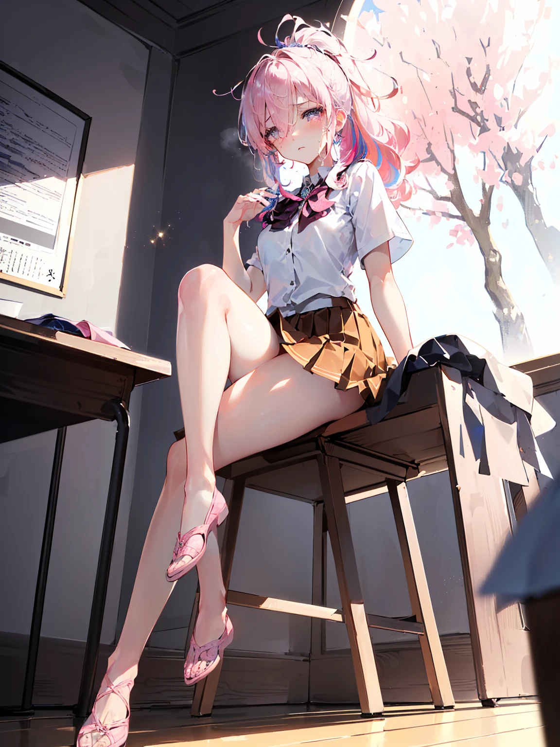 Absurd resolution, high resolution, (masterpiece: 1.4), super detailed, (((detailed face, detailed expression)), 1 girl, relaxing, ponytail, sitting on the floor, on ground, background in classroom, chair, desk, pleated skirt, short skirt, mini skirt, micro skirt, visible underskirt, upskirt, one knee high, perfect legs, (slender legs:1.2), perfect thighs, (thin thighs), (slender thighs:1.4), kyoto animation, The atmosphere of Kyoto Animation, (tearful), detailed iris, sparkle eyes, star in eyes, enchanting pink eyes, (multicolored eyes), (shining dust), (pink hair:1.3), (messy hair:1.3), (hair between eyes), (hair over one eye:1.2), (wavy hair:1.1)