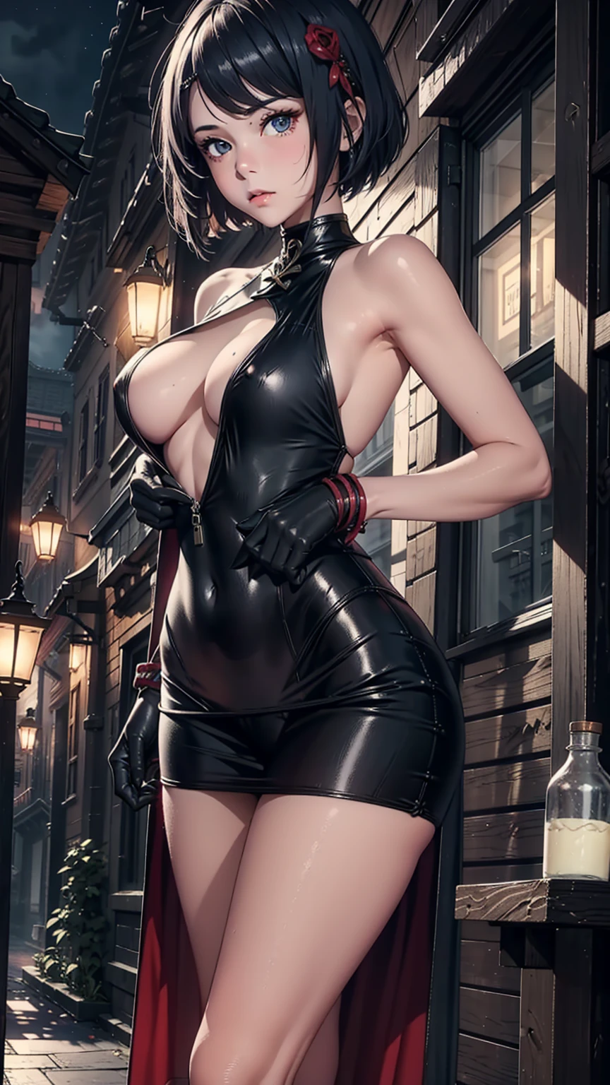 (), official art, detail face,best cg,looking at viewer, (standing),outdoor, (large breast),no expression, beauty face, (Better Center Opening Cleavage Cutout), night, dynamic poses