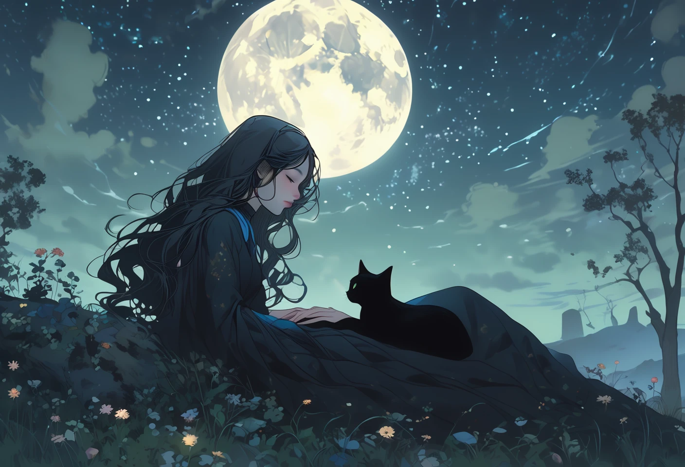 A woman stargazer lying on a moonlit hill, contemplating the vastness of the universe. A black cat is sleeping beside her. Eerie, unsettling, dark, spooky, suspenseful, grim, highly detailed 