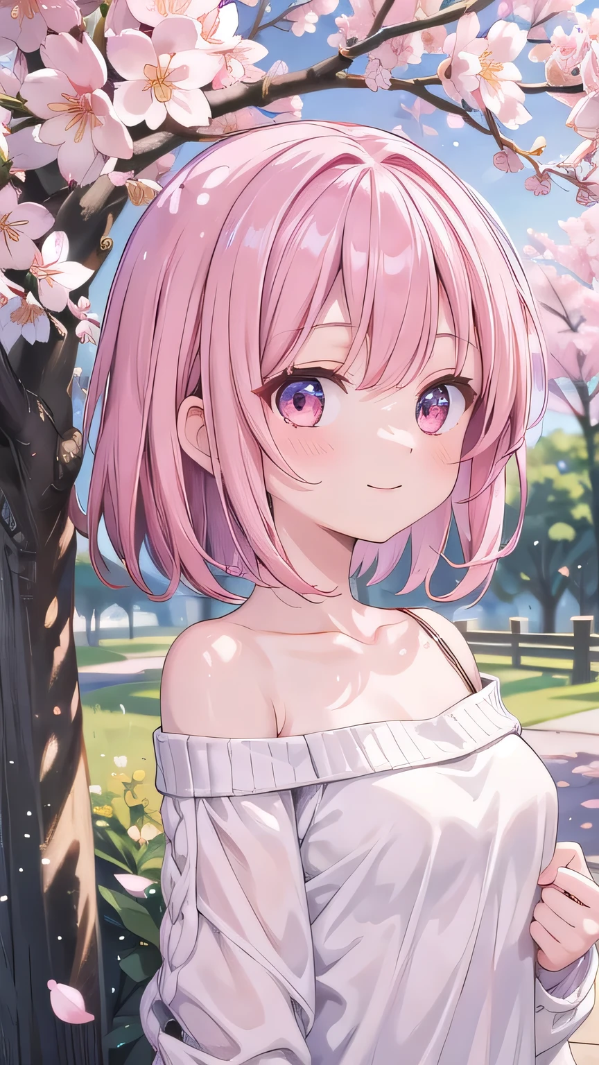 (masterpiece), Go out,cherry blossoms, Outdoor, One Girl, Off-the-shoulder sweater, Medium Hair, Pink Hair, smile, Medium Chest, Particles of light, Spotted sunlight