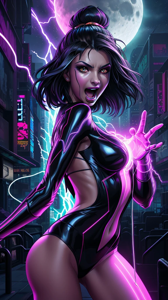 (sensual and dark atmosphere, intense shadow and light contrasts, highly detailed), (1girl, goth, naked, ahegao), long blue-black hair, tattoos, black nail polish, intense eye contact, (3/4 body shot), (dynamic and expressive pose), (glowing neon lights in the background):0.85