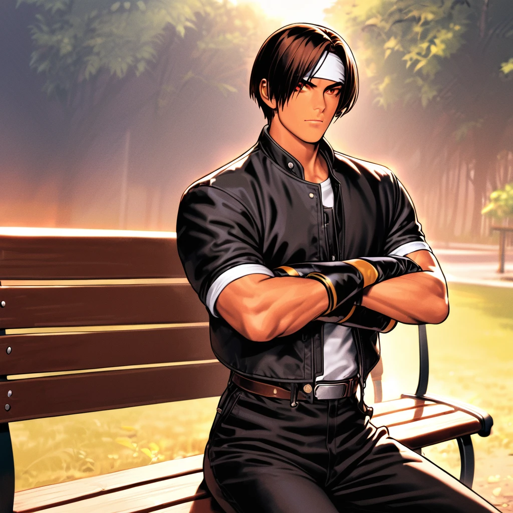Orochikyo, alone, dark skin, red eyes, black jacket, fingerless gloves, white T-shirt, black split, white headband, black pants, white shoes, brown belt, handsome, indoor, attractive, masterpiece, high resolution, detailed face, fine grain, confident serious expression, morning, park, sitting on bench sitting on a bench, arms folded, looking thoughtful.