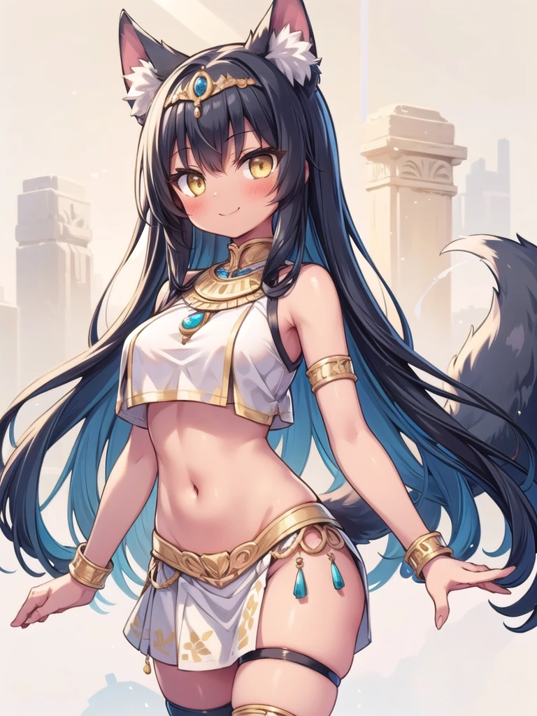 1girl, masterpiece, best quality, perfect hands, white skirt, black hair, yellow eyes, tiara, ankle lace-up, wolf ears, dark skin, jewelry, midriff, very long hair, wolf tail, smile, blush, cowboy shot, bare legs, wolf girl, Anubis_Citron_OC, pelvic curtain, crop top