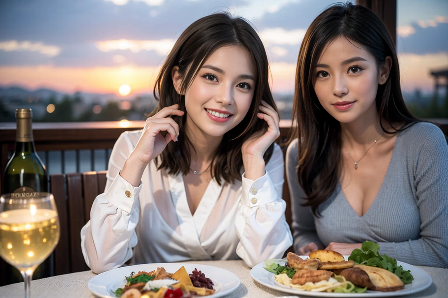 (Realistic:1.1),(masterpiece,Highest quality),8k,(44 years old), 47 years old, slimカップル、Model Couple、actress/actor、Tight waist,Upper Body,full-course dinner、wine 、Amazing view of the sunset sky and clouds、Perfect Anatomy, Brown Hair, short hair,Random Hairstyles,((Highly detailed face and eyes:1.2))(cute顔:1.4),美しいactressの顔,Perfect golden ratio face,Long sleeve shirt、dress,(smile:1.2)、Shortcuts、cute、(Realistic, Intricate details:1.2), A bright smile、short hair,Bright Face、赤wine 、Appetizers、Italian food、wine bottle、Champagne、スパークリングwine、(slimな顔), (The body is slim), (Brown Hair), (Shortcuts), Upper Body, 白wine, slim, wineグラス,