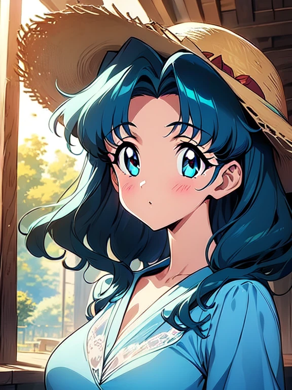 Anime girl with blue hair wearing a straw hat and blue dress, beautiful anime portrait, beautiful anime girl, beautiful anime style, Anime girl with turquoise hair, anime style. 8 K, beautiful digital illustration, Beautiful character art, stunning anime face portrait