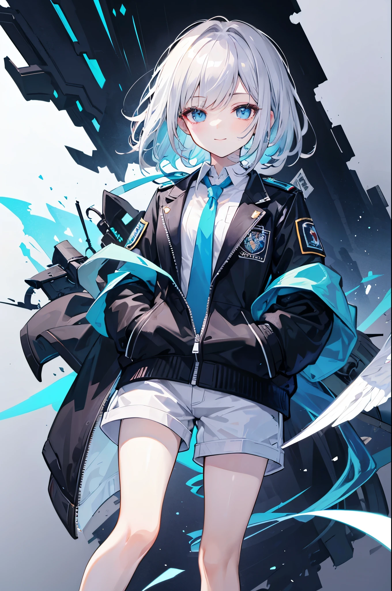 Close one eye, Wink((Highest quality)), ((masterpiece)), ((Ultra-detailed)), (Very delicate and beautiful), With a girl, solo, Cold attitude,((Black jacket)),She is very(relax)with(Calm)Appearance,Depth of written boundary,Wicked Smile,Light grey hair with light blue tips and inner color,,,Cold Background,Bob Hair - Line Drawing, Shorts、Knee-high socks、Like a white uniform 、Light blue ribbon tie、The clothes are transparent、Put your hands in your pockets、Eyes as bright as sapphires,Frontless Blue, Great eyes