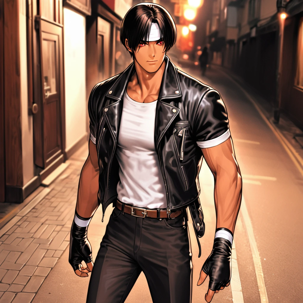 Orochikyo, 1 person, dark skin, red eyes, black jacket, fingerless gloves, black hair, white T-shirt, white headband, black pants, white shoes, brown belt, handsome, indoor, charm, masterpiece, high resolution, detailed face, fine grain, stunned appearance, waiting for lover in the street, head in