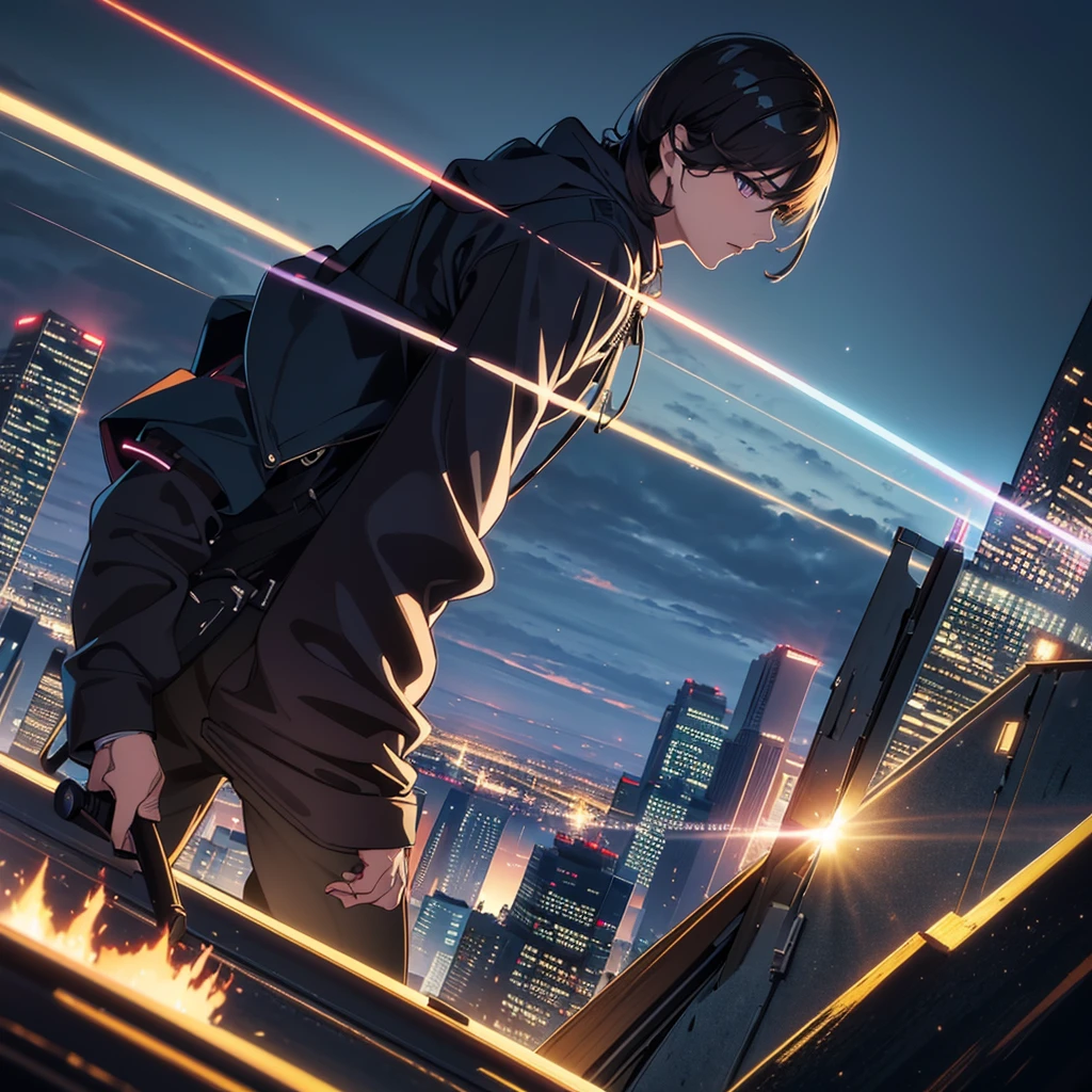 a man sliding down a skyscraper with a katana, sparks flying from the katana, sky background, giant skyscraper, sliding with katana, action scene, (best quality,4k,8k,highres,masterpiece:1.2),ultra-detailed,(realistic,photorealistic,photo-realistic:1.37),cinematic lighting,dramatic shadows,dynamic motion blur,stunning detail,hyperrealistic,hyper-detailed