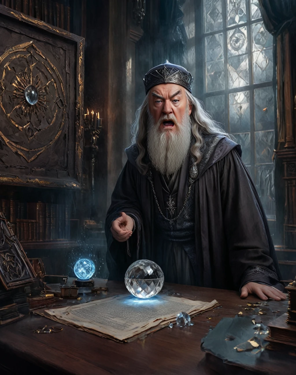 an angry Albus Dumbledore, detailed portrait, intricate face, piercing eyes, flowing robes, office in disarray, shattered magical mirror, broken crystal ball, dramatic lighting, dark academia, chiaroscuro, moody atmosphere, painterly, oil painting, cinematic, award-winning illustration, 8k, high resolution, photorealistic, masterpiece