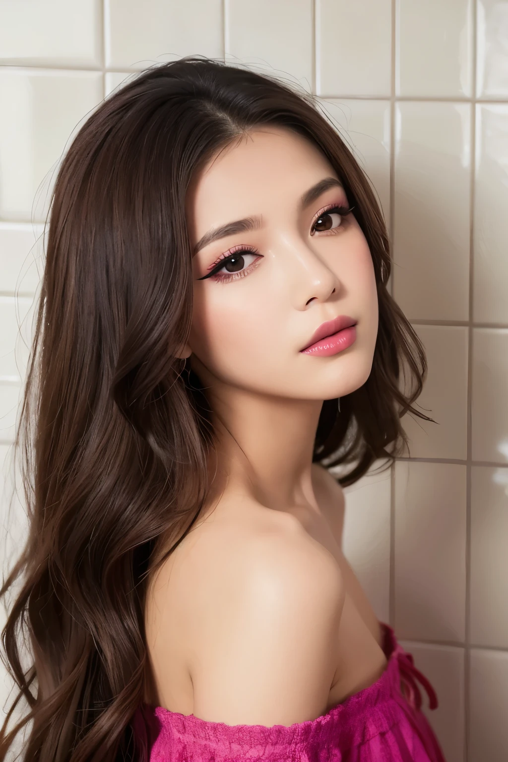 1girl, solo, long_hair, looking_at_viewer, brown_hair, black_hair, brown_eyes, bare_shoulders, closed_mouth, upper_body, one_eye_closed, looking_back, indoors, from_behind, lips, looking_to_the_side, eyelashes, makeup, lipstick, close-up, eyeshadow, pink_lips, nose, photo_(medium), red_lips, tiles, eyeliner, bathroom, real_life, mascara, tile_wall
