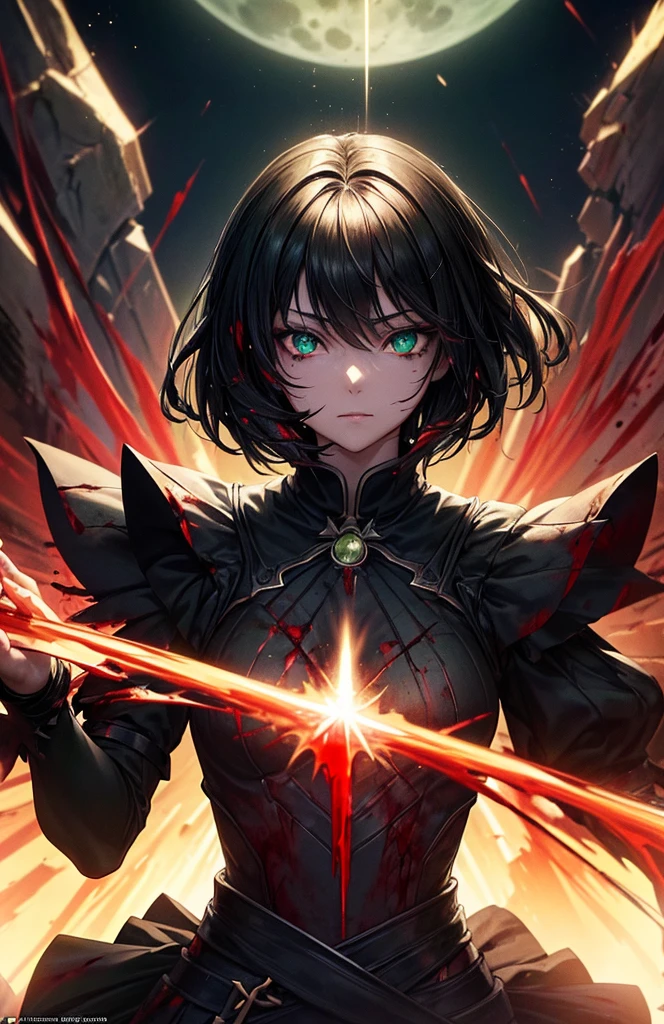 (masterpiece:1.2、highest quality), (Exquisite eyes: 1.2), (Detailed Background、Dark fantasy), (beauty detailed face), High Contrast, (Best lighting、Very delicate and beauty), ((Cinema Lighting) )), colorful, Hyper Detail, Dramatic Light, Intricate details, moon behind (21years old, 1 girl, solo, black short hair, black hair, Sharp Face, green eyes, black hair between the green eyes, Dynamic Angle), (Blood splatter:1.4), Black light swirling around the character, Depth of written boundary, black light particles, Nightcore, black magician, Spectacular anime style, zerochan art, Anime Wallpaper, Burning, High quality anime art style, Key Anime Art