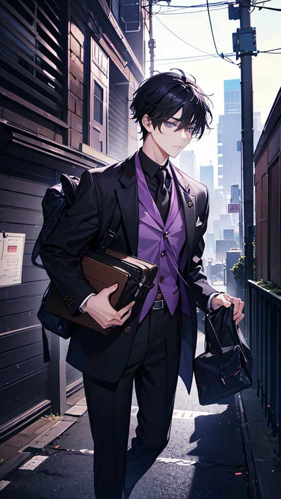 High school students , man, Black hair, dark purple eyes  , He was carrying things to class.