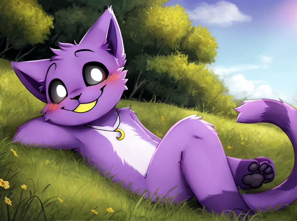  beautiful background, detailed background, grass, three-quarter view, 
BREAK, 
 Baby Catnap, in panties, naked, split hole, laying on the ground, smile, blush, looking at viewer, cute, closed mouth, black eyes with white pupils, black mouth, (yellow crescent-shaped necklace), purple fur, great anatomy, long cat tail, pawspads