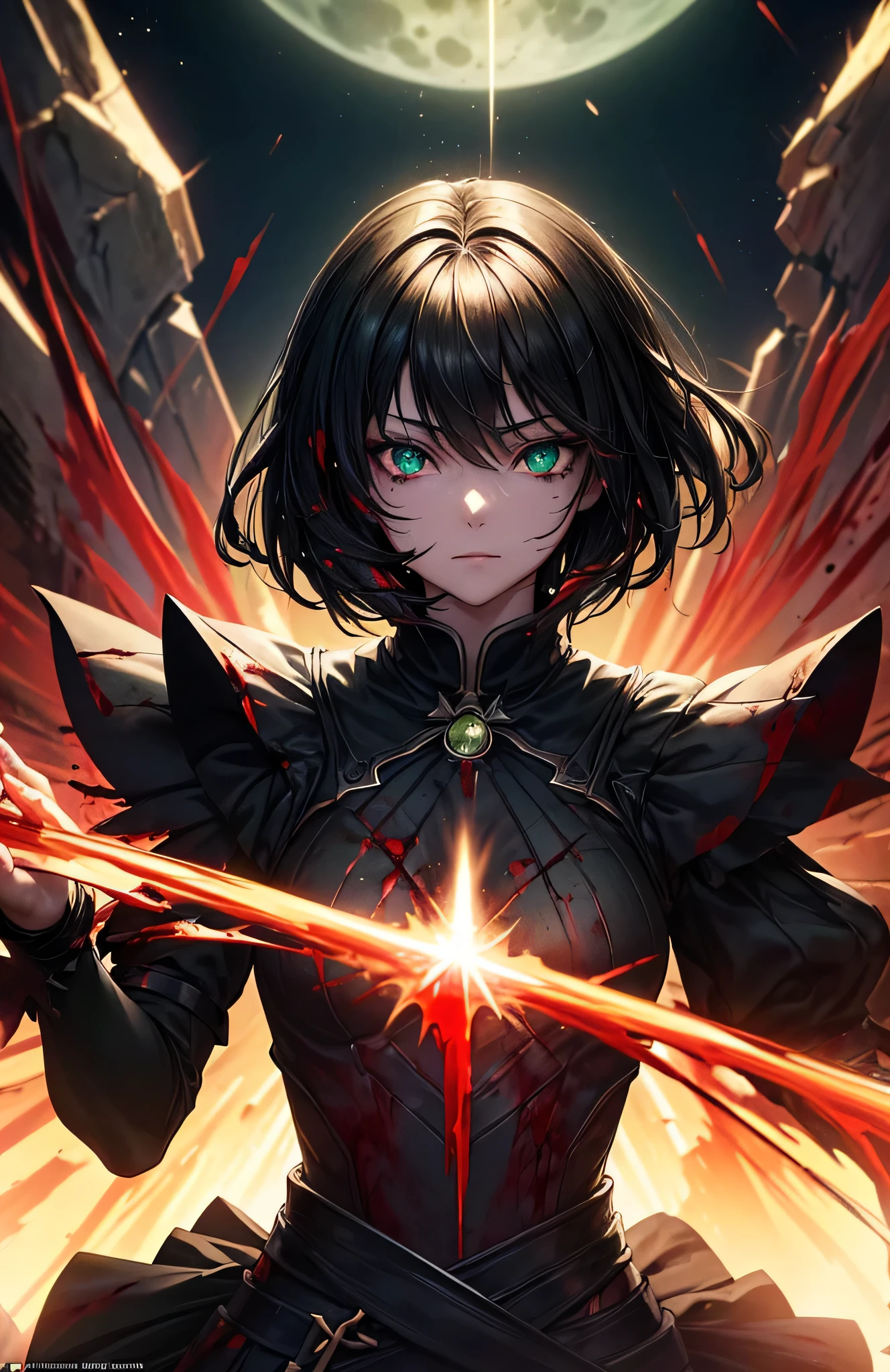 (masterpiece:1.2、highest quality), (Exquisite eyes: 1.2), (Detailed Background、Dark fantasy), (beauty detailed face), High Contrast, (Best lighting、Very delicate and beauty), ((Cinema Lighting) )), colorful, Hyper Detail, Dramatic Light, Intricate details, moon behind (21years old, 1 girl, solo, black short hair, black hair, Sharp Face, green eyes, black hair between the green eyes, Dynamic Angle), (Blood splatter:1.4), Black light swirling around the character, Depth of written boundary, black light particles, Nightcore, black magician, Spectacular anime style, zerochan art, Anime Wallpaper, Burning, High quality anime art style, Key Anime Art