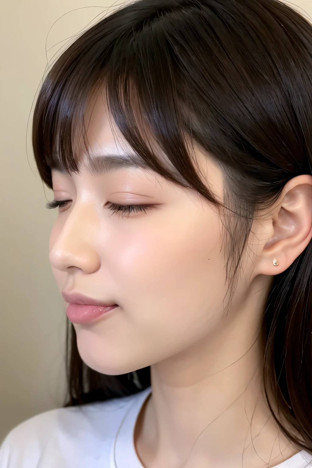 Japanese　woman　Age 25　High nose　profile　close your eyes　Sticking out tongue