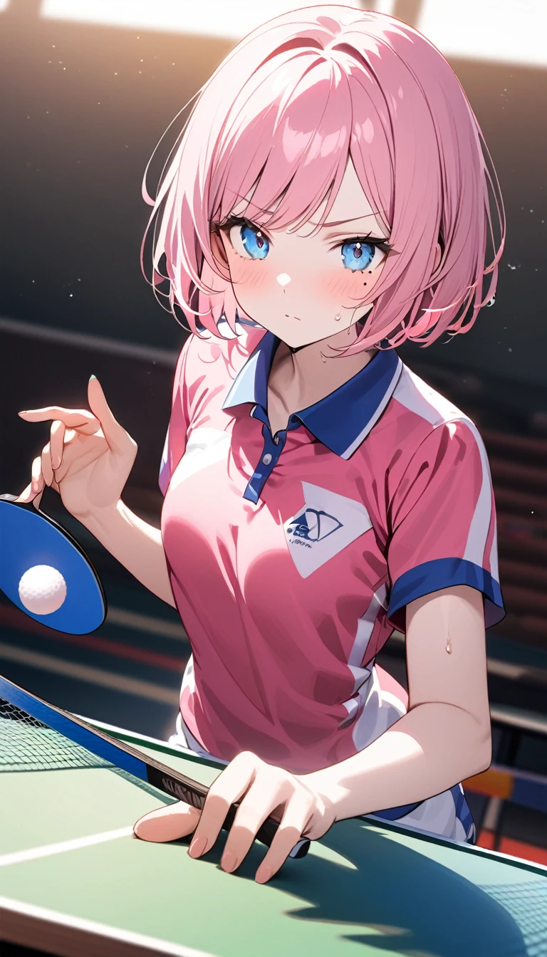 (1 girl),(Best Picture Quality, 8K, Masterpiece:1.3), (high school student:1.5), ((pink lob hair:1.1)), (bob cut),(swept bangs), (cute eyes, pupil black, iris skyblue, youthful face), (mole under right eye), (standard weight), (small breasts),(big hip), (glistening skin:1.2),(pale skin:1.2),(serious:1.3), (play table tennis:1.2), (table tennis racket), (table tennis uniform),(small Ping pong white ball in the palm of your hand), (dynamic moving,:1.2),(Uplifting)
,(sweat:1.1),(magnificent view)