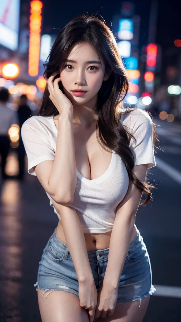 8k, masterpiece, RAW photos, best quality, photorealistic, extremely detailed CG unity 8k wallpaper, depth of field, Cinematic Light, lens flare, ray tracing, (very beautiful face, beautiful lips, beautiful eyes), A face with intricate details, ((highly detailed skin)) 1 woman (highest resolution, separated_Video) best quality, 1 woman, tokyo streets,night, cityscape,city lights, whole body, smooth, long legs,cleavage 8k, RAW photos, best quality, masterpiece,realistic, photo-realistic, cowboy shot, whole body,loose T-shirt, I can see below the chest,under boop, mini skirt