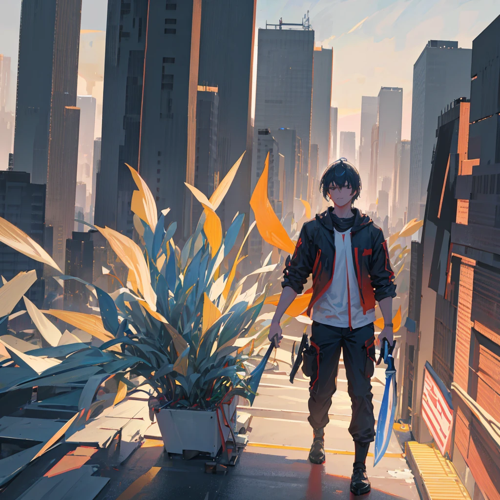 a man sliding down a skyscraper with a katana, sparks flying from the katana, sky background, giant skyscraper, sliding with katana, action scene, (best quality,4k,8k,highres,masterpiece:1.2),ultra-detailed,(realistic,photorealistic,photo-realistic:1.37),cinematic lighting,dramatic shadows,dynamic motion blur,stunning detail,hyperrealistic,hyper-detailed