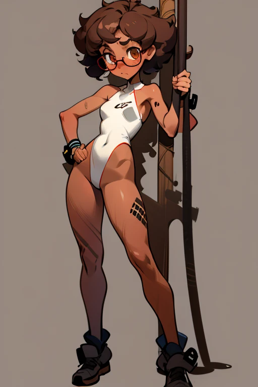 Really embarrassed tomboy girl, with short gray curly  hair, brown skin and  glasses, in brown body paint  , full body, sexy pole poses
