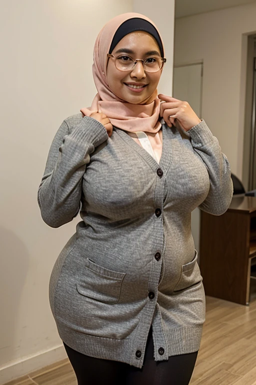 1 malay woman, wearing hijab, wear glasses, short woman: 150cm, attractive woman, beautiful face, smile, potrait, wearing cardigan, huge breasts, weight gain, bbw, chubby massive tights, jiggly fat and round belly