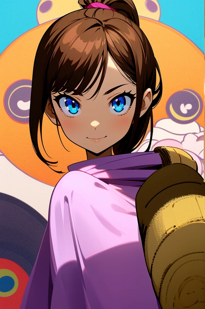 Visualise an anime-styled character: a teenage girl with playful blue eyes and light brown hair styled in a ponytail. She has a fringe on the left side of her face with two strands trailing down each cheek and framing her face. She is smiling. She has fox ears on top of her head. She is dressed casually in a loose, comfortable shirt.