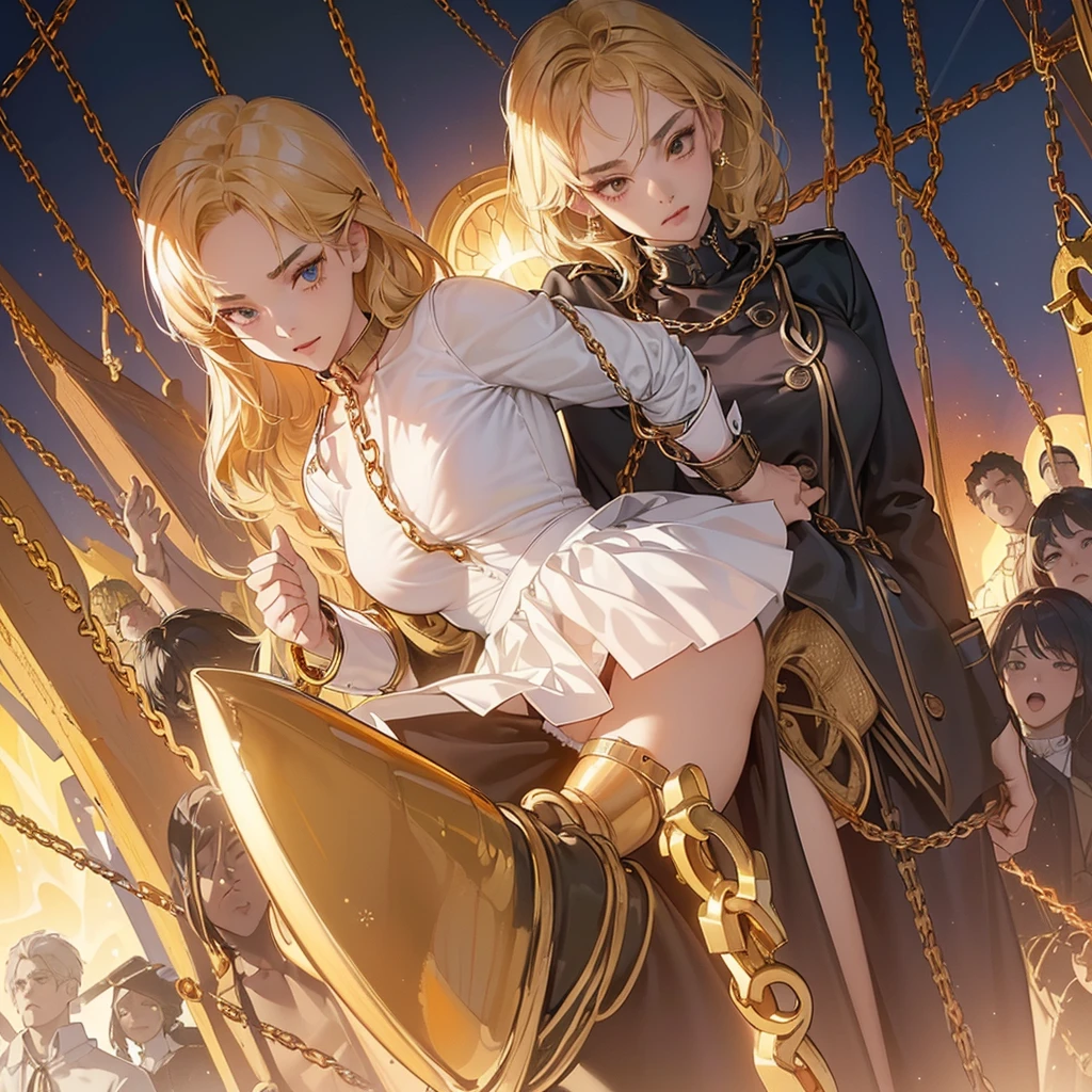 Cinematic shot, Masterpiece, queen and her maids, ((3 females)), (3 beautiful females), rough lesbian sex scene, queen dominating two maids, dominating, queen in dominant pose, strong pose, queen standing above maids, maids hugging queens legs, kissing ass, obedient pose, obedient, scared, bent, pushing head down, (chained, tied, golden chain, chain around bodies , chained collar, handcuffs, rough:1.4), maid uniform, unbuttoned white shirts:1.3, leather underwear, slim, (fingering from behind, female masturbation:1.2), (cold light, cold blue tones), flat blue background, highly detailed, best quality , close up,
