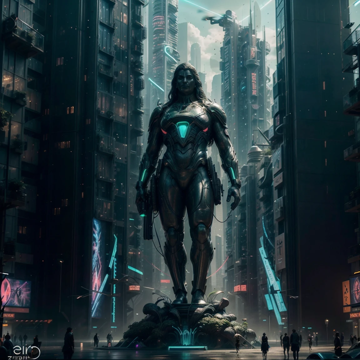 (Highest quality, Ultra HD, 16k, Masterpiece) A colossal statue of an Indian god stands majestically in the heart of a highly futuristic city, surrounded by towering high-rise buildings, flying cars, and vibrant bioluminescent lights. The statue, intricately designed with a blend of ancient and modern elements, depicts the deity in a serene and powerful pose. Neon lights and holographic projections add a surreal glow to the statue, highlighting its divine presence amidst the ultramodern environment.

The cityscape is a dazzling mix of sleek skyscrapers, each adorned with luminous advertisements and digital displays. Flying cars zip through the air, leaving trails of light behind them, creating a dynamic and bustling atmosphere. The streets below are lined with lush, exotic flowers, whose petals emit a soft, bioluminescent glow, adding a touch of nature's beauty to the urban setting.

The statue is surrounded by a lush garden oasis, a striking contrast to the metallic and glass structures that dominate the skyline. This green sanctuary is filled with diverse plant life, including bioluminescent flora that illuminates the night with a gentle, otherworldly light. The air is filled with a mix of futuristic sounds and the soft rustle of leaves, creating a harmonious blend of nature and technology.

Soft beams of light from the setting sun and the city's neon glow create a stunning interplay of colors and shadows, casting an ethereal ambiance over the scene. The overall composition captures the awe-inspiring fusion of ancient spirituality and cutting-edge innovation, evoking a sense of wonder and reverence for both the divine and the futuristic marvels of human achievement. This image portrays a breathtaking vision of a harmonious coexistence between tradition and progress in a vibrant, futuristic metropolis. ((((long shot))), (((drone shot))), (((zoomed out shot))), ((((huge statue)))), (((colossal statue))), (((bright light))), (((neon lights))), (((bioluminiscent light