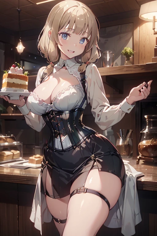 (looking down on the audience:1.3),(from side:0.9), ((Face)), (Close-Up:0.4), (( eat a cake and have a coffee)),highest quality、(real、photorealistic:1.4),(ultra high resolution, 8K RAW photo, clear focus), best qualtiy, natural lighting, field depth, (Bright pupils, detailed beautiful eyes, high detailed face), Red lip, (tight focus:1.2, from below:1.2), sexy posing, erotic grotesque,cook Research Institutes(beautiful and luxurious:1.2),(double breasted:1.0,under bust:1.0), gap between buttons,(((corset belt))),(((high waist skirt,))) seductive weak smiling,(with sparkling eyes and a contagious smile),open mouth, Looking at Viewer,
