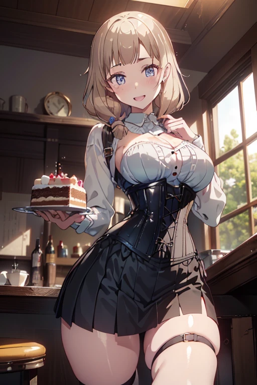 (looking down on the audience:1.3),(from side:0.9), ((Face)), (Close-Up:0.4), (( eat a cake and have a coffee)),highest quality、(real、photorealistic:1.4),(ultra high resolution, 8K RAW photo, clear focus), best qualtiy, natural lighting, field depth, (Bright pupils, detailed beautiful eyes, high detailed face), Red lip, (tight focus:1.2, from below:1.2), sexy posing, erotic grotesque,cook Research Institutes(beautiful and luxurious:1.2),(double breasted:1.0,under bust:1.0), gap between buttons,(((corset belt))),(((high waist skirt,))) seductive weak smiling,(with sparkling eyes and a contagious smile),open mouth, Looking at Viewer,