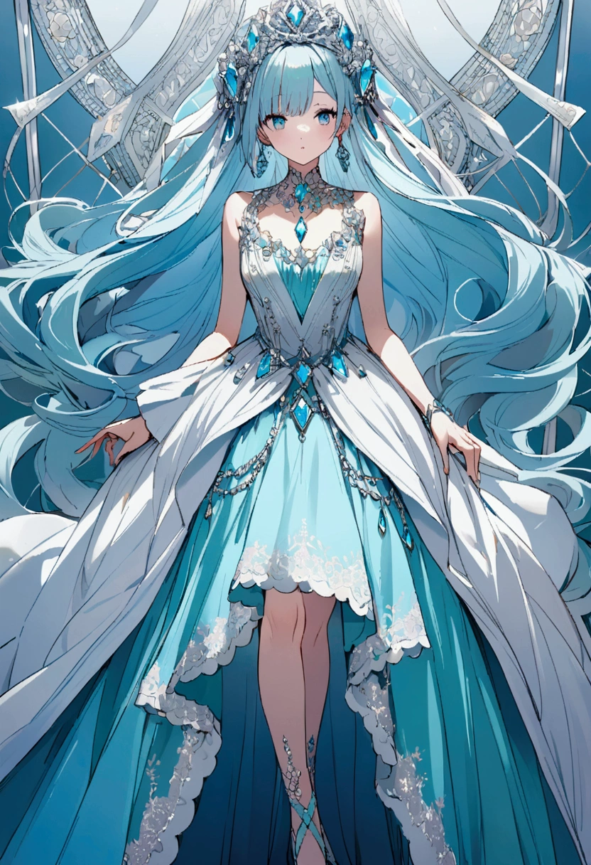 A princess wearing an aquamarine-colored dress inspired by the gemstone aquamarine　Aquamarine on background　Sparkling　gorgeous